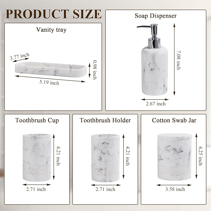 Bathroom Accessories Set, 6-Piece Bathroom Accessory Set, Toothbrush Holders Set, Soap Dispenser, Vanity Tray, Tumbler, Cotton Swab Jars, Bathroom Organizer for Modern Bathrooms (Marble White)