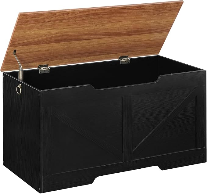 HOOBRO Storage Bench, 39.4" Retro Wooden Storage Chest with U-Shaped Cut-Out Pull, Safety Hinge, Supports 220 lb and Easy Assembly for Toy Box Organizer (Black and Walnut) BH771CW01G1