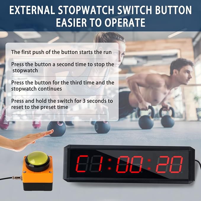 Fitness Timer with Stopwatch Button, Suitable for School/exam/Home Exercise/Gym/Gym SMAHEAT Electronic Fitness Timer (1.5 inch six-Digit All-red)