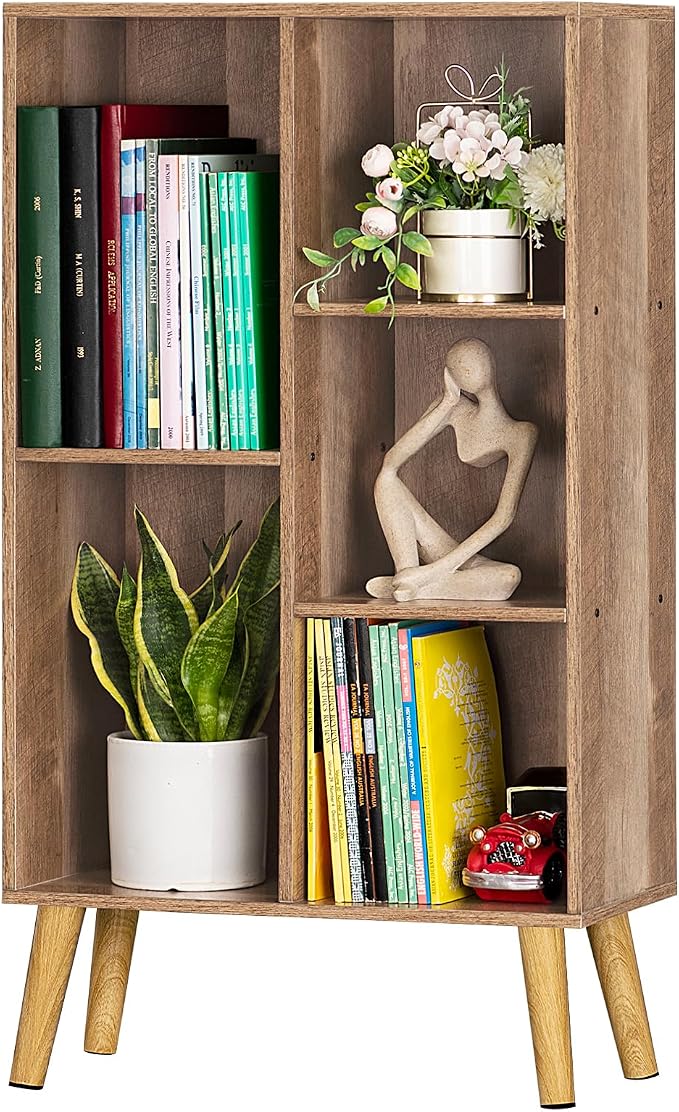 LEYAOYAO 5 Cube Bookshelf, Mid-Century Modern Book Shelf with Legs, Oak | 3 Tier Bookcase, Rustic Wood Bookshelves Freestanding Small Storage Organizer, Open Shelves for Bedroom, Living Room, Office