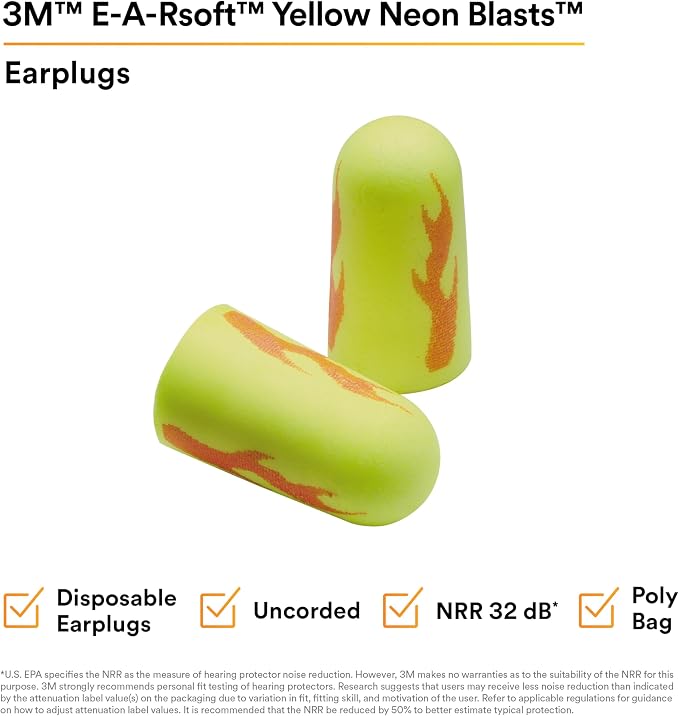 3M Ear Plugs, 200 Pairs/Box, E-A-Rsoft Yellow Neon Blasts 312-1252, Uncorded, Disposable, Foam, NRR 33, Drilling, Grinding, Machining, Sawing, Sanding, Welding, 1 Pair/Poly Bag