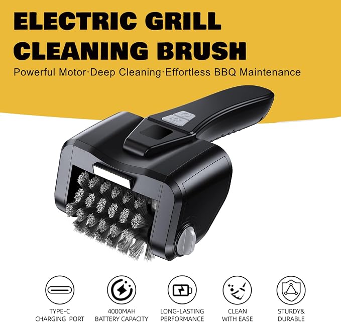 Electric Grill Brush for Outdoor Grill, 4000mAh Dual Speed Motorized BBQ Cleaner, Cordless Rechargeable with LED Light, No Shedding 304 Stainless Steel, Replaceable Head, Gifts for Men Dad