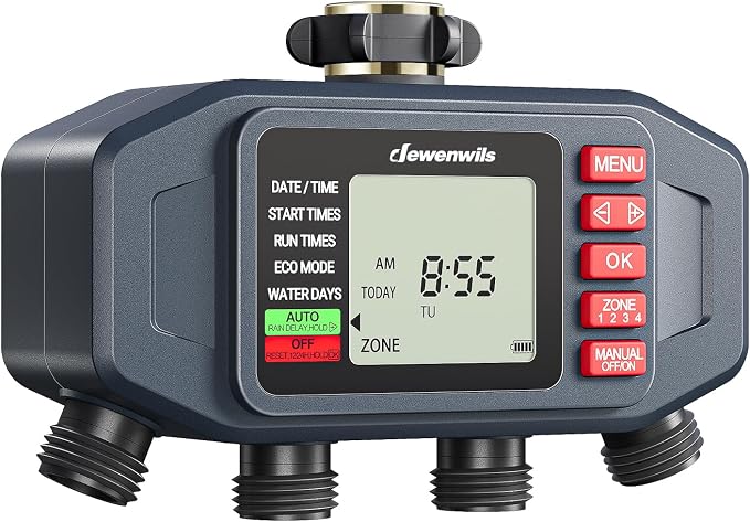 DEWENWlLS Sprinkler Timer, 4 Zone, Outdoor Faucet lrigation, Rain Delay & Manual, Programmable Water Hose Timer for Holiday, Garden, Lawn, Vegetable Gardening, Potted Flowers