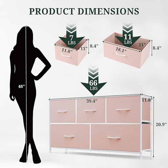 5-Drawer Dresser for Bedroom, Anti-Tip Wide Storage Organizer Fabric Chest of Drawers TV Stand for 45" TV with Wooden Top and Metal Frame for Closet, Living Room, Hallway, Entryway, Pink