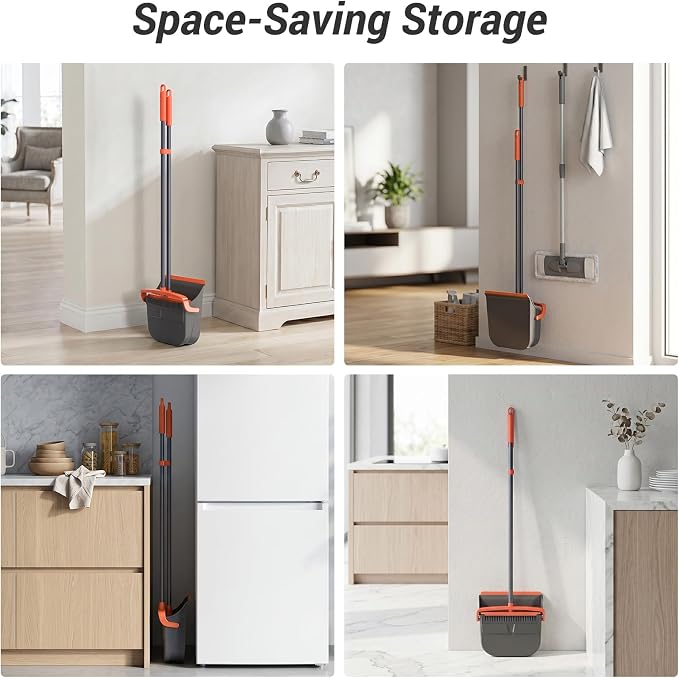 Broom with Dustpan Combo Set, Long Handle Upright Standing Self-Cleaning Broom and Dustpan Set for Pet Hair & Dust Cleanup, Indoor Outdoor Use for Home, Kitchen, Office, Orange & Gray