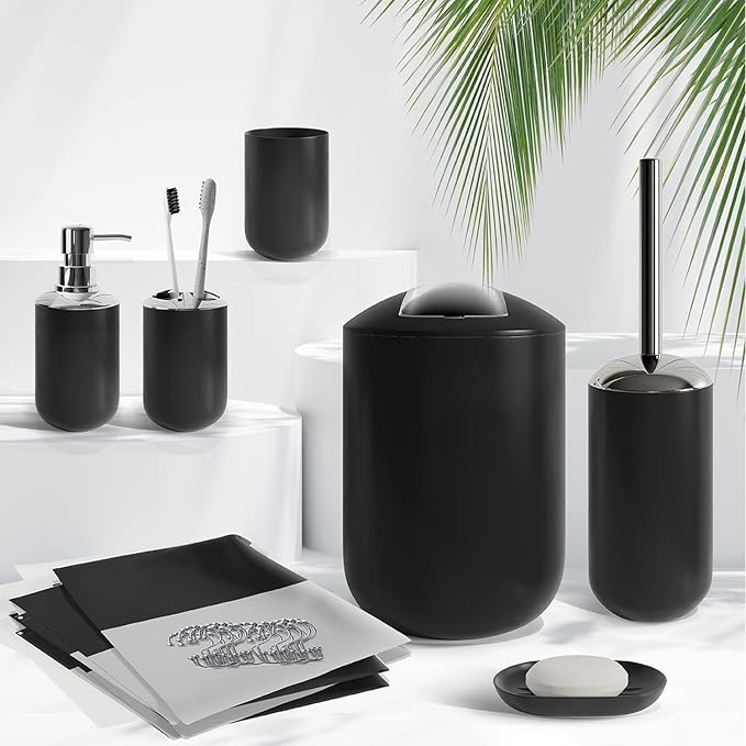 Clara Clark Bathroom Accessories Set - Black Shower Curtain Set with Bathroom Trash Can, 23PC Bathroom Set, Bathroom Sets with Shower Curtain and Red Rugs