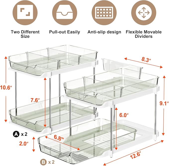 Delamu 2-Tier Multi-Purpose Bathroom Under Sink Organizers and Storage, Stackable Kitchen Pantry Organization, Pull Out Medicine Cabinet Organizer with Movable Dividers, Light Green, 4 Pack