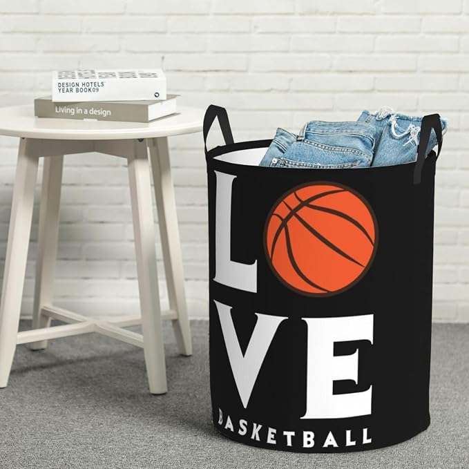 Love Basketball Laundry Hamper Laundry Basket Circular Hamper Dirty Clothes Storage with Handles