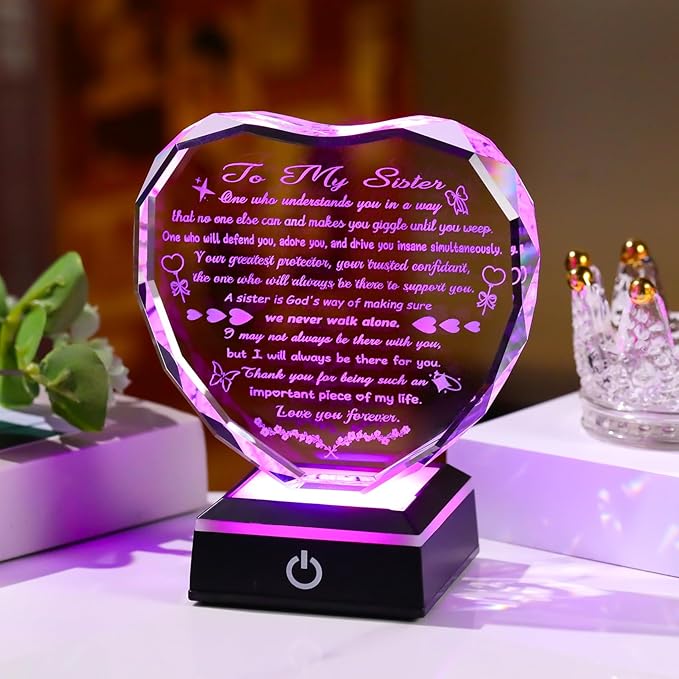 Arikyrist Gifts for Sister Mothers Day Sister Birthday Gifts Crystal Heart Keepsake with LED Light Base Sisters Gifts from Sister Brother for Christmas