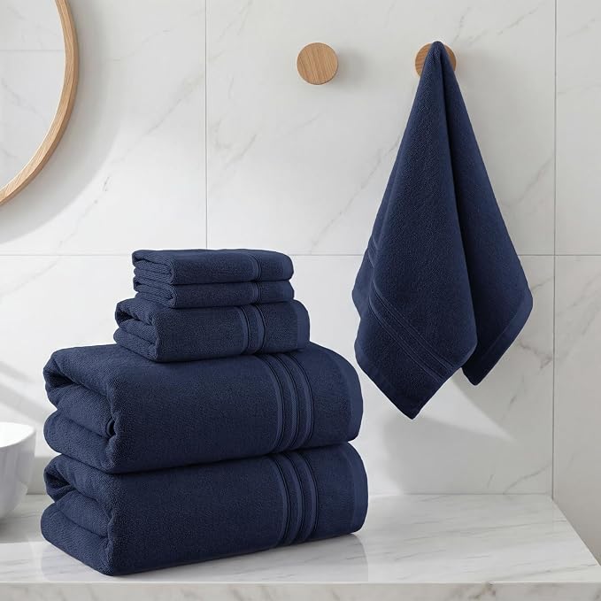 REDKISS Navy Towels Set 6 Piece Cotton Towel Sets with 2 Bath Towels, 2 Hand, 2 Washcloths, 650GSM Hotel Quality, Soft, Highly Absorbent Towels for Bathroom Gym, Ideal Everyday Use