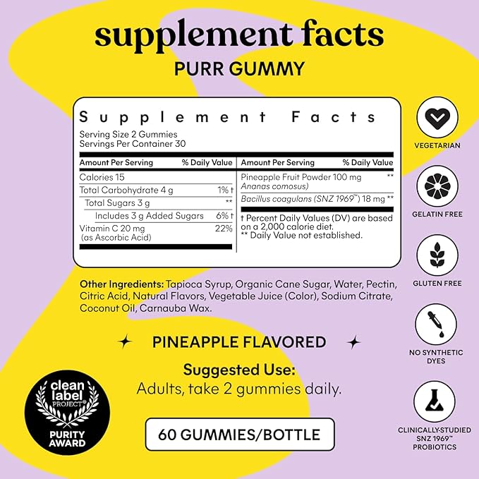 Lemme Purr Vaginal Probiotic Gummies for Women - Balanced pH, Healthy Odor, Yeast Balance & Flora Support + Vitamin C for Immune Health - Tasty Pineapple (60 Count)