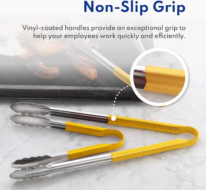 New Star Foodservice 16 Inch Utility Spring Tongs, Set of 12, Commercial Restaurant Grade Stainless Steel Tongs with Yellow Vinyl Coated Handles