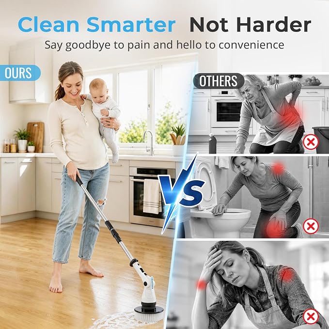Electric Spin Scrubber, 3-Speed Adjustable Head Shower Bathroom Scrubber | 8 Replaceable Heads, 54" Extendable Long Handle, IPX6 Waterproof, Shower Cleaner Brush, Cordless for Tub Grout Tile Floor Car