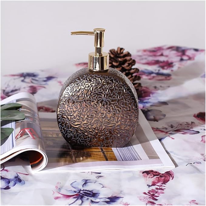 Art Deco Metallic Bronze Ceramic Soap Dispenser with Gold Pump - Elegant Round Refillable Bottle for Luxury Bathroom Decor