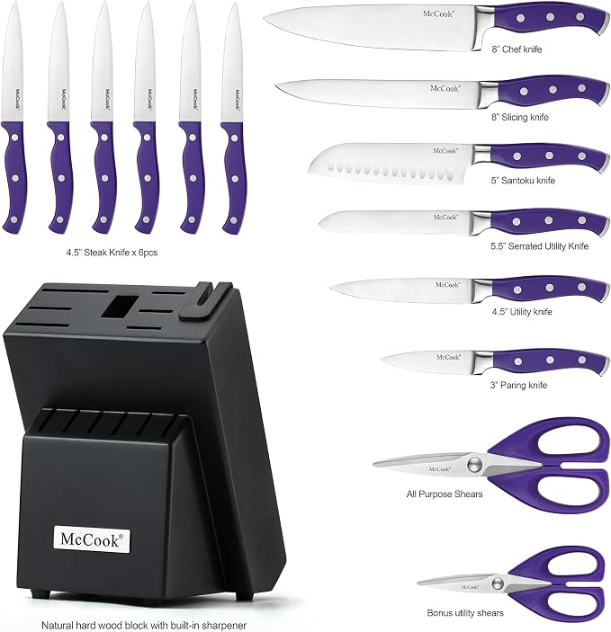 McCook MC27 14 Pieces Stainless Steel kitchen knife set with Wooden Block, Kitchen Scissors and Built-in Sharpener, Purple | German Forged Stainless Steel,15 PC,Razor Sharp, Anti-Rust, Ergonomic Handle,Full Tang,Vibrant Purple,Gift Box