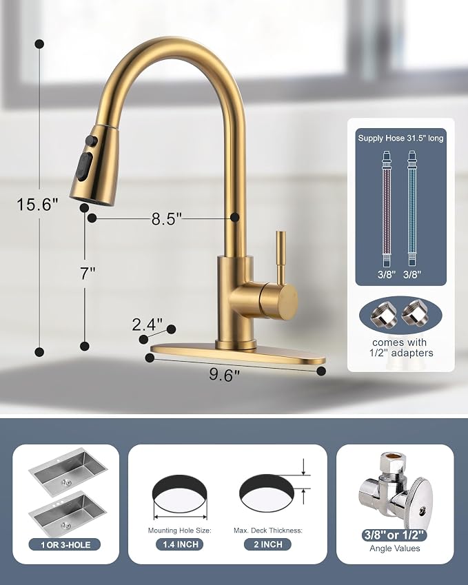 Kitchen Faucet with Air Gap: WOWOW Stainless Steel Kitchen Sink Faucet and Dishwasher Air Gap Kits for Kitchen Sink 2 or 4 Hole, Brushed Gold Kitchen Faucet Combo with Sprayer
