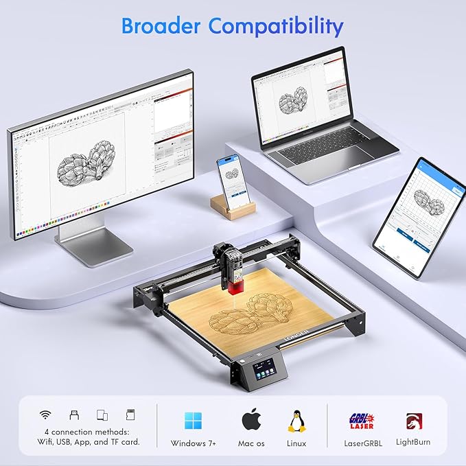 Longer RAY5 10000mW Laser Engraver with Air Pump, 3.5” Color Touch Screen, App Offline Control, DIY Engraver Tool for Metal/Glass/Wood ，Engraving Area 15.75"x15.75"，Laser Class 2
