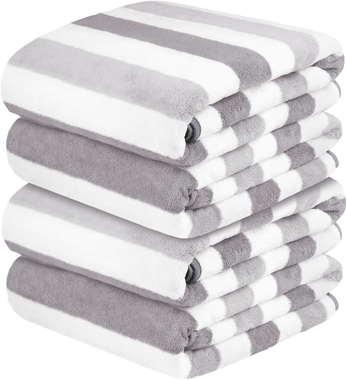 JML Bath Towels, Pack of 4, 30"x60", Large, Cabana Stripe Grey | Hanging Loop, Lint Free, Oversized, Soft, Super Absorbent,Fast Drying, Perfect for Shower, Sauna, Gym, Sports, Fitness, Yoga