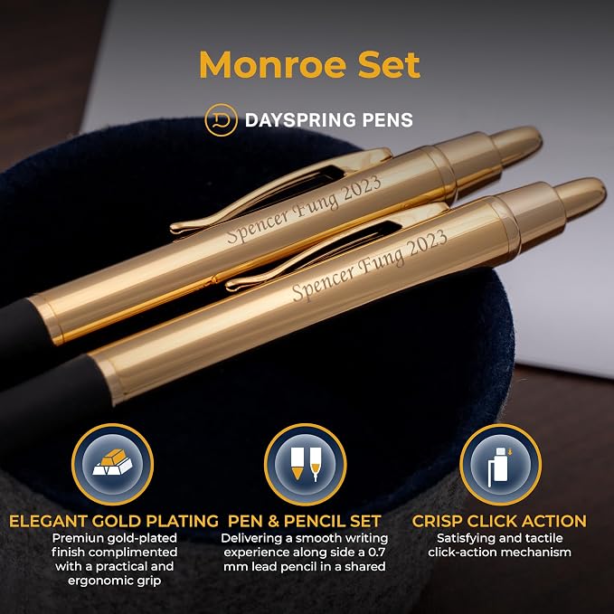 Dayspring Pens Monroe 18K Gold Pen and Pencil Set, Custom Engraved, Click Action, Medium Point Black Ink, Gift for Graduation, Birthdays, Career Advancement, New Job, Gifting Case Included