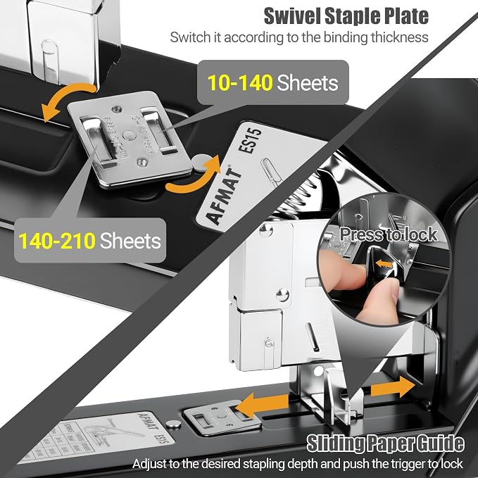 AFMAT Heavy Duty Stapler, 210 Sheet Effortless Stapler for Desk, 60% Reduced Effort, Jam Free, 50,000+ Uses, Adjustable Paper Depth, Metal Office Desktop Staplers, Includes 7000Pcs Staples, ES15