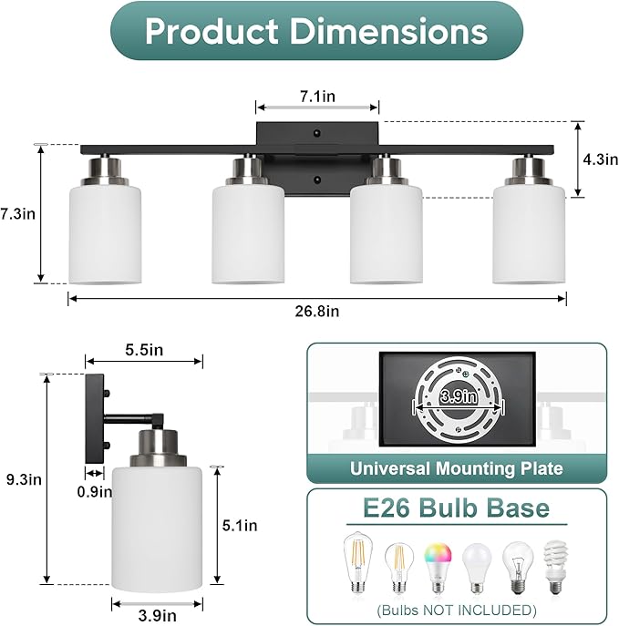 Ascher Bathroom Light Fixtures, 4-Light Vanity Light Over Mirror, Black and Nickel Wall Sconces with Milky White Frosted Glass Shades, Wall Lamp for Living Room Bedroom, E26 Base(Bulbs Not Included)