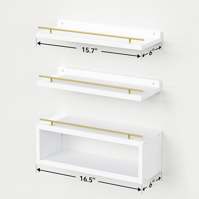 WOPITUES Floating Shelves for Wall with Cube Shelf, Wall Shelves with Metal Rail for Decor, Bathroom Organizers and Storage, Over Toilet Shelves for Bathroom, Toilet Paper-White&Gold