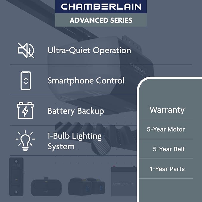 Chamberlain Belt Drive myQ Garage Door Opener, 1/2 HP w/Battery Backup | Ultra quiet, myQ compatible, Includes: 2 remotes, wall control, battery backup & safety sensors, 5-year motor warranty