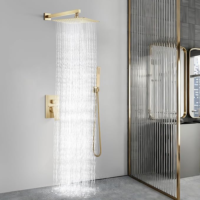 Aolemi Shower Faucet Set Rain Shower System with Handheld Spray Bathroom Shower Combo Rough-in Valve and Shower Trim Kit Included Brushed Gold 16 Inch Wall Mount Shower Head