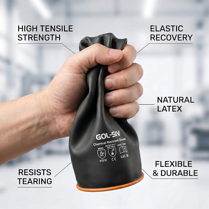 Industrial Chemical Resistant Work Gloves, 14 Inch Heavy Duty Black Latex PPE, Waterproof Acid/Alkali Proof with Non-Slip Grip for Janitorial & Cement Mixing, 2 Pairs