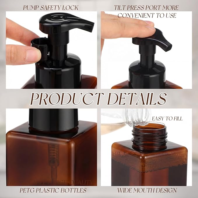 Domensi Foaming Soap Dispenser 8.5 oz Foam Pump Bottle Bulk Empty Travel Foaming Dispenser Refillable Hand Soap Plastic Pump Bottle Travel Clear Container for Bathroom Vanities(12 Pcs,Brown)