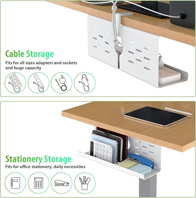 KEEGH 16" Under Desk Cable Management Tray, No Drill Clamp Mount, Desk Cord Organizer Upgrade Capacity, Cord Management Tray for Home Office, Gaming Desk, Standing Desk, White, 2 Pack