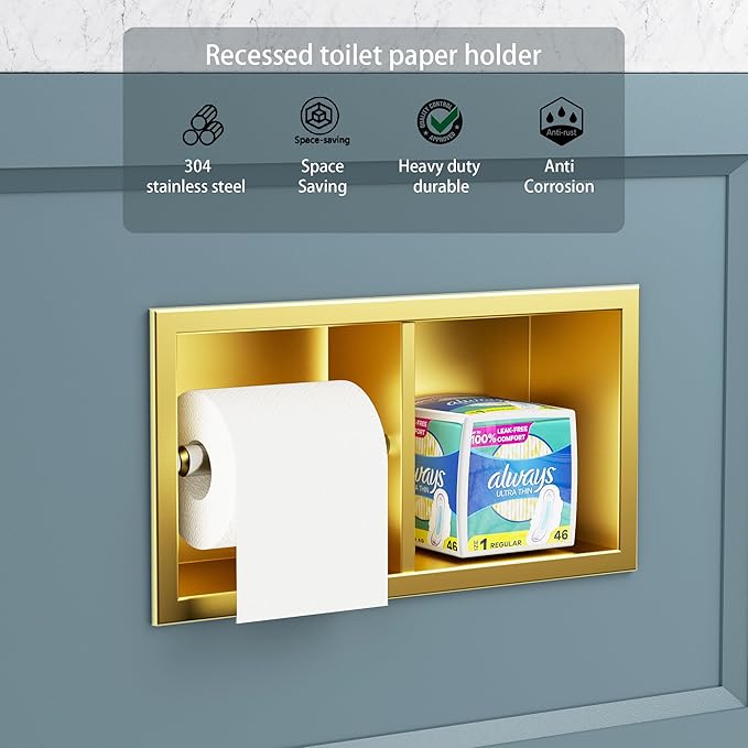 Neodrain Dual Roll Recessed Toilet Paper Holder - 304 Stainless Steel, Hidden in-Wall Design, Simple Loading and Unloading, Space-Saving for Modern Bathrooms（Gold