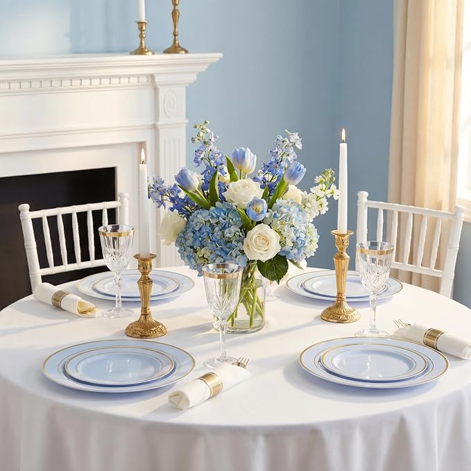 WDF Partyware 175PCS Blue Plates Disposable - Baby Blue Plastic Plates - 25Guests Plastic Dinnerware with Rolled Napkins for Wedding/Birthday/Baby Shower