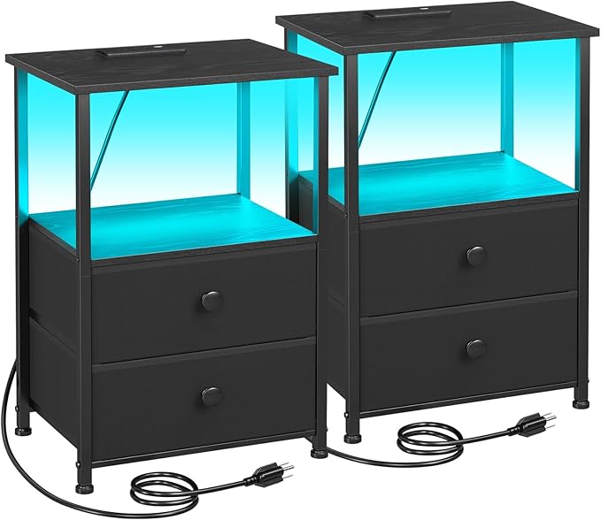 Nightstands Set of 2, LED Night Stand with Charging Station | Bedside Table with Type-C Outlets & 2 Fabric Drawers, End Tables with Storage Shelf for Bedroom, Small Spaces, Black