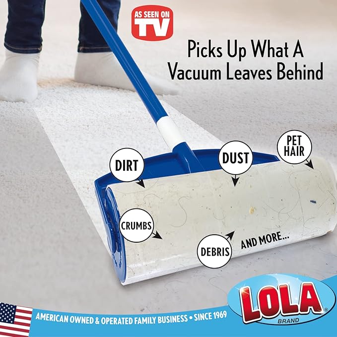 LOLA Rola PET Hair Remover Sticky Mop, Giant Floor Lint Roller, 9" x 3.5", Extender Handle, Largest Head, Traps Hair, Dust, Dirt, Extra Sticky Sheets