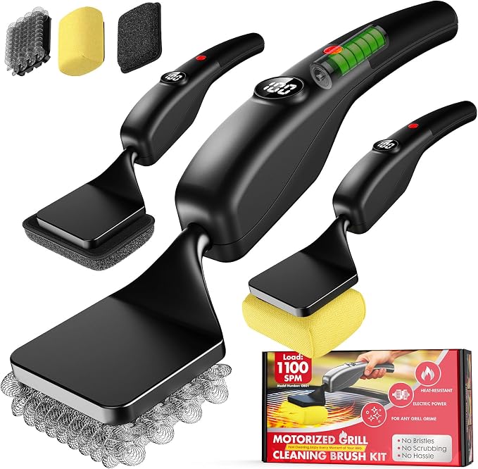 Reciprocating Electric Grill Brush, Fire-Resistant BBQ Grill Brush, Bristle-Free Grill Brush for Outdoor Grill, Grill Cleaner with 3 Heads, Cordless Grill Cleaning Brush with 3600 mAn, Black