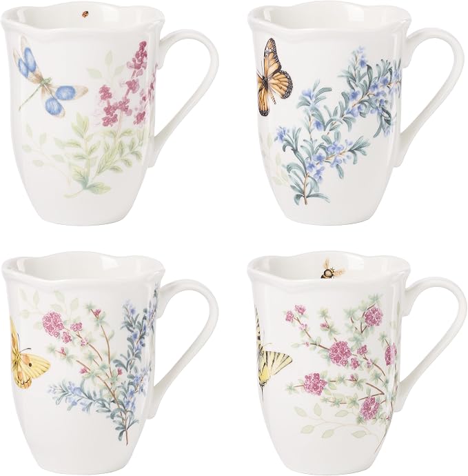 Lenox Butterfly Meadow Herbs Porcelain Mug Set for 4, 12oz | Dishwasher safe, microwave safe | floral design | coffee mug gift for coffee lovers | 4.25 inch, 12oz