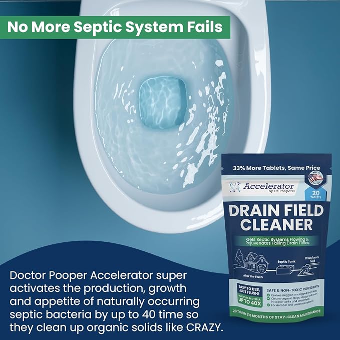 Accelerator by Dr. Pooper Drain Field Cleaner Tablets (20 Count) - Septic Tank Treatment for Clogs, Odor & Sludge - 90% Less Plastic - 10 Month Supply - Aerobic & Anaerobic Systems - Easy Flush