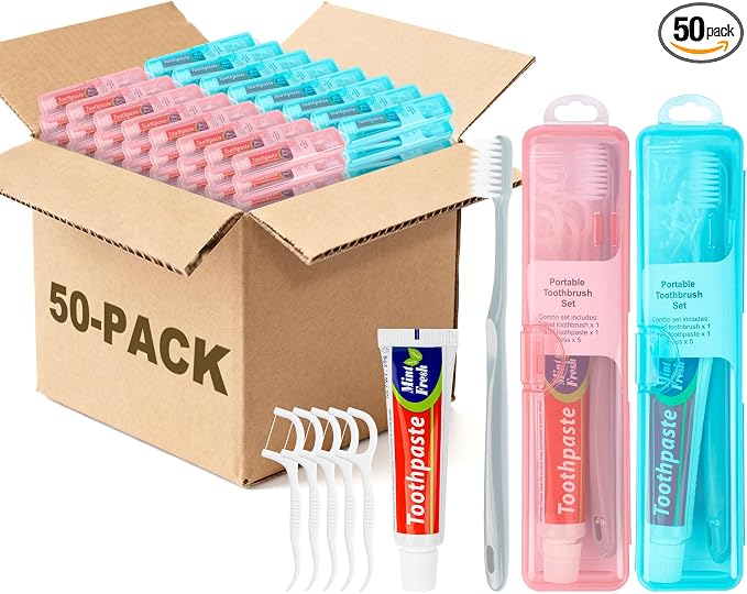 Travel Toothbrush Kit Includes Travel-Sized Toothbrushes, 25g Travel Toothpaste, 5 Floss Picks, a Travel Toothbrush Holder, Ideal for Home, Hotels (Blue, Pink, 50-Pack)