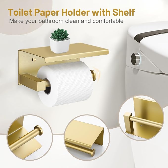 5 Pieces Brushed Gold Bathroom Hardware Set, SUS304 Stainless Steel Bathroom Accessories Set 23.6 inches Towel Bar, Toilet Paper Holder with Shelf, Towel Ring and Two Towel Hooks Wall-Mounted