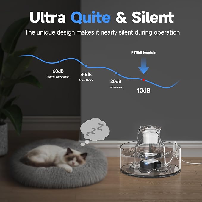 PETIMI Glass Cat Water Fountain, 2.7L/91 oz Ultra-Quiet Pet Fountain, Automatic Water Dispenser for Cats & Small Dogs, Spill-Resistant Pet Water Bowl, BPA-Free, Includes 2 Filters, Effortless to Clean