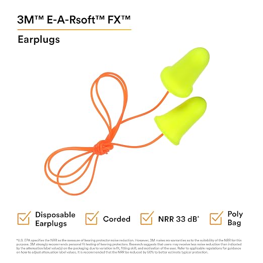 3M Ear Plugs, 200 Pairs/Box, E-A-Rsoft FX 312-1260, Corded, Disposable Foam Earplugs, Noise Reduction Rating NRR 33, Drilling, Grinding, Machining, Sawing, Sanding, Welding, 1 Pair per Poly Bag