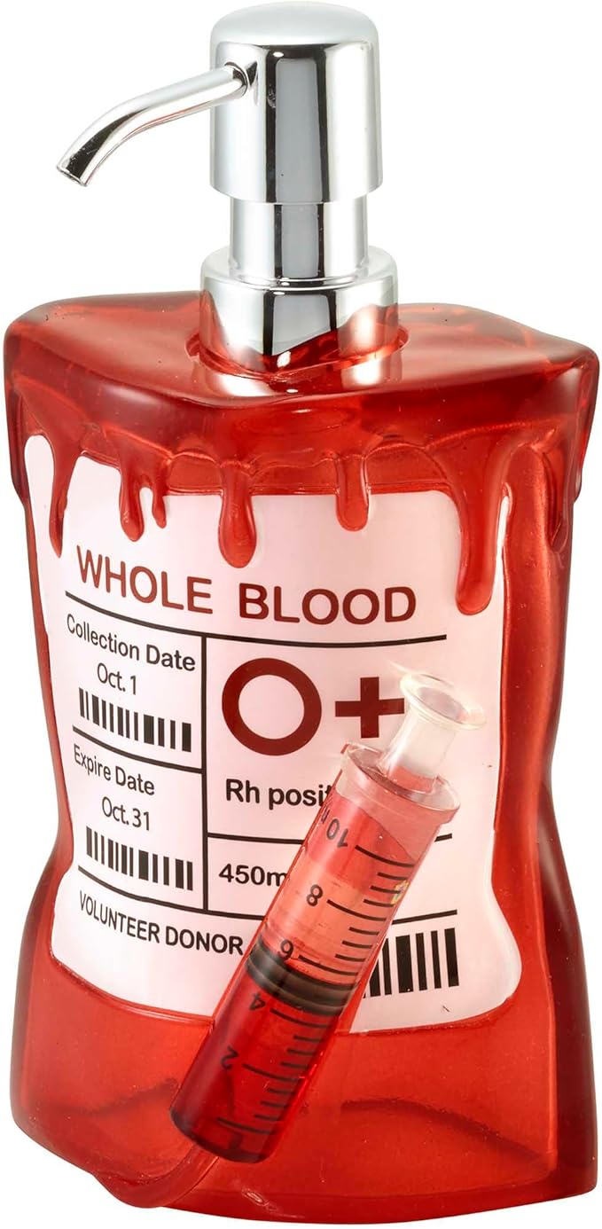 Avanti Linens – Soap Dispenser, Decorative Lotion Pump for Bathroom or Kitchen Countertop, Hand Painted Resin Halloween Decor (Blood Bag)
