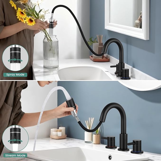 Matte Black Pull Down Bathroom Faucet 3 Hole with Pop Up Drain, Bathroom Sink Faucet with Pull Down Sprayer 2 Modes, 8 inch Widespread Gold Faucet for Bathroom Sink, 2 Handle Vanity Faucet
