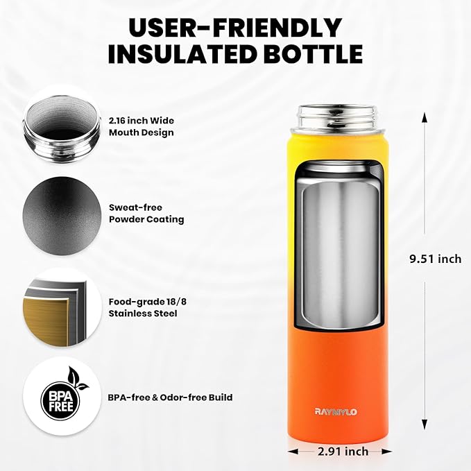 RAYMYLO Insulated Water Bottle 20 oz, Triple Wall Vacuum Stainless Steel (Cold for 24Hrs, Hot for 12Hrs), Leak Proof & Non-BPA, Modern Water Bottle Jug for School with Straw Spout Lids