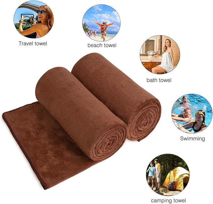 JML Bath Towels Set of 2, 30" x 60", Brown | Microfiber, Large, Soft, Absorbent, Fast Drying Bathroom Towel for Sauna, Salon, Hotel, Sport, Fitness, Yoga