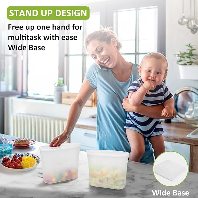 Reusable Food Storage Bags Half-Gallon, 4 Pack 100% Silicone Food Storage Bags Stand-Up Wide-Mouth Zip-Lock for Large Items, 67 fl.oz/2000 ml, Freezer Microwave Oven Dishwasher Safe, Translucent