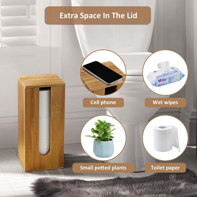 OUTNILI Freestanding Toilet Paper Holder Stand with Lid, Acacia Wood Bathroom Storage Organizer, Rustic Farmhouse Toilet Paper Holder for Floor, Holds 3 Extra Large Rolls