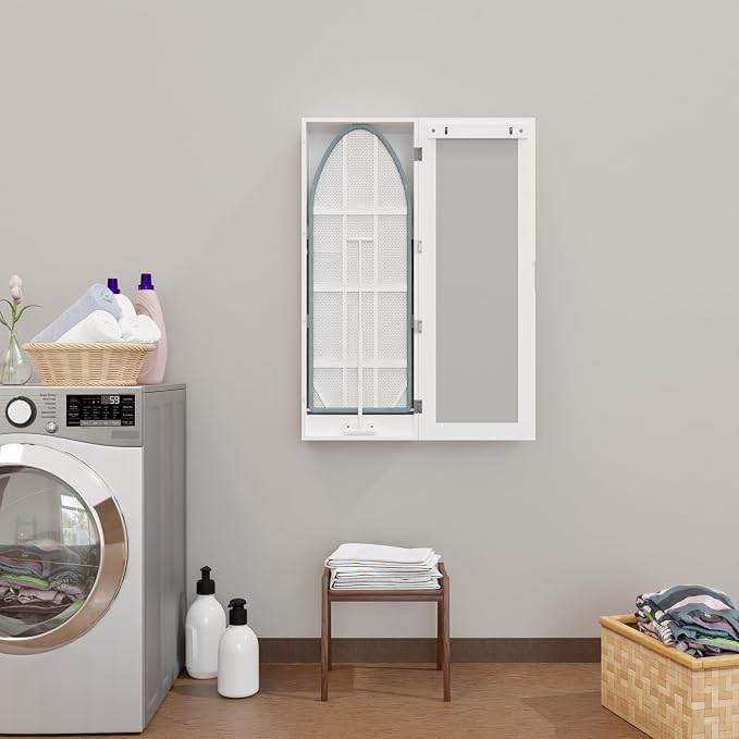 Ironing Board Cabinet with Storage for Laundry Room,White | Mirror Door|3-tier Storage Shelves|High-Temperature Protection Design|Good Load-Bearing Capacity
