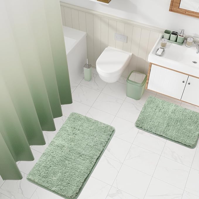 XLHOMO Sage Green Bathroom Set - 24PC Bathroom Sets with Shower Curtain and Rugs, Sage Green Bathroom Accessories Set with Press-on Lid Bathroom Trash Can, Soap Dispenser